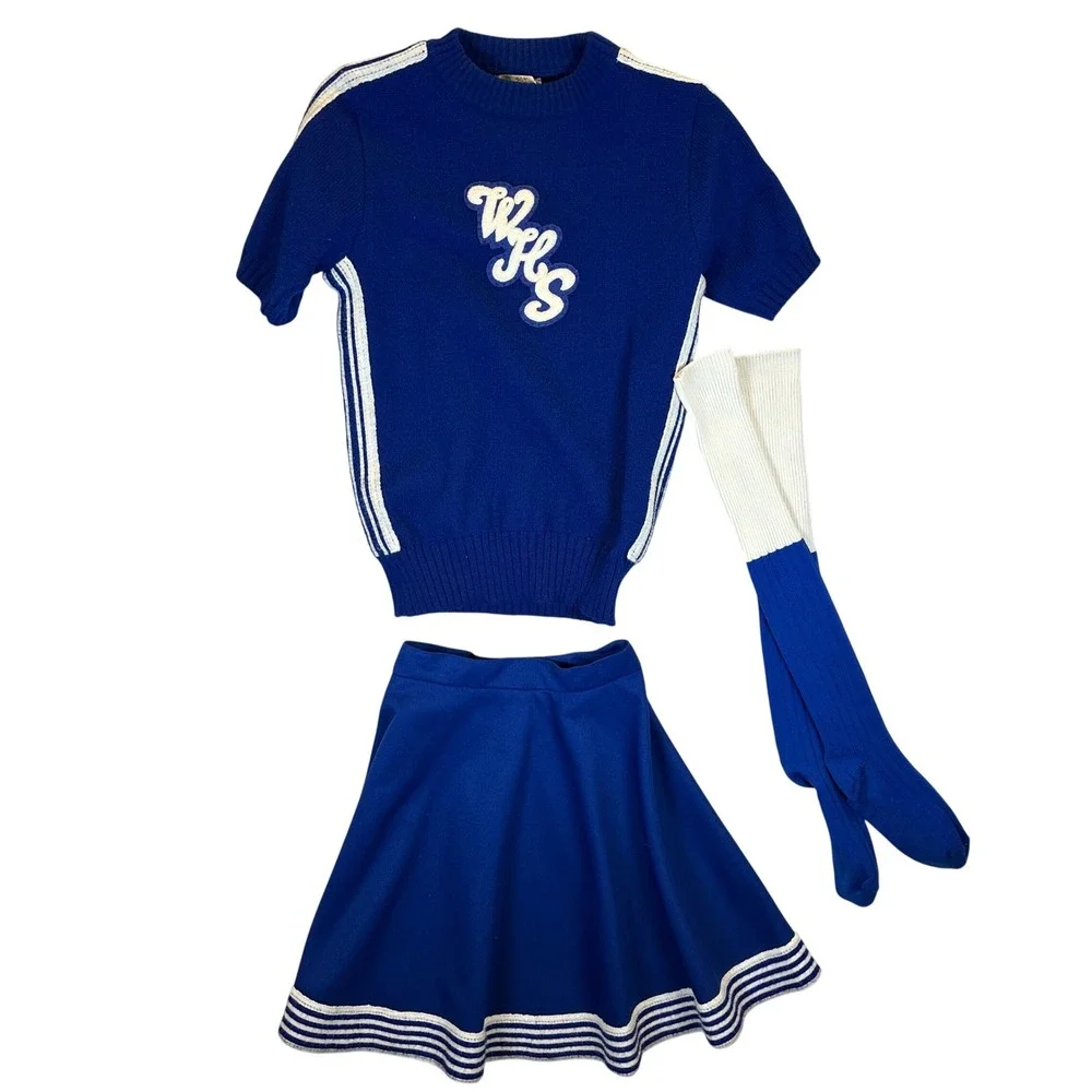 Vintage Cheerleader Uniform Set Blue White WHS Skirt Top Socks 70s Halloween
